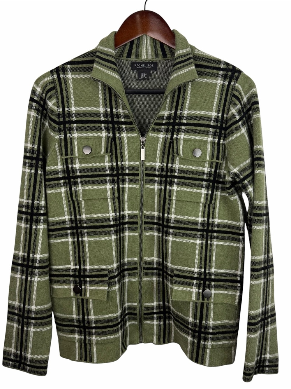 Rachel Zoe | Green Black Plaid Zip Cardigan Sweater Blazer